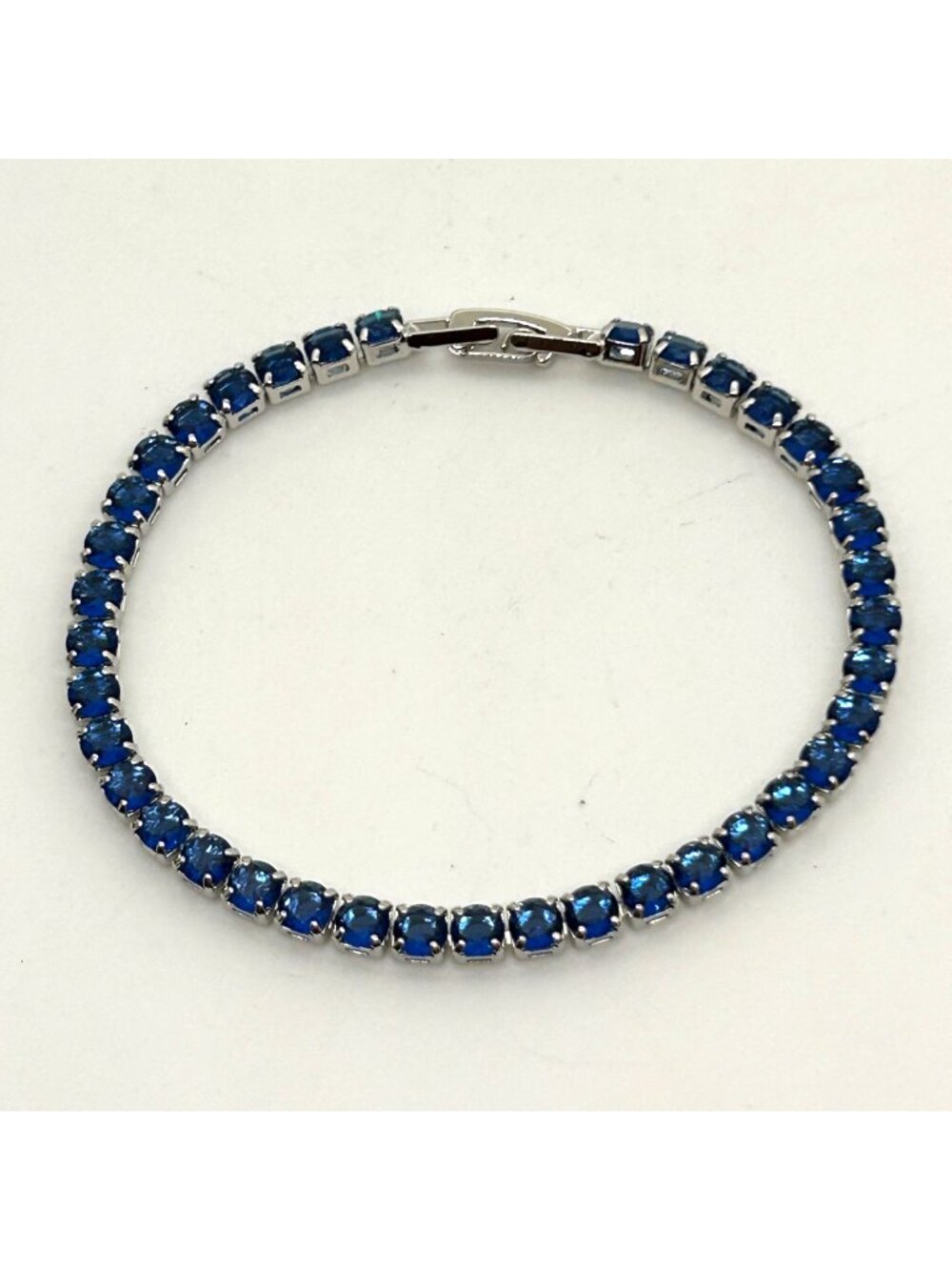 Tennis Bracelet Silver Tone Blue Cubic Zirconia Prong Set Classic Design 7 Inch